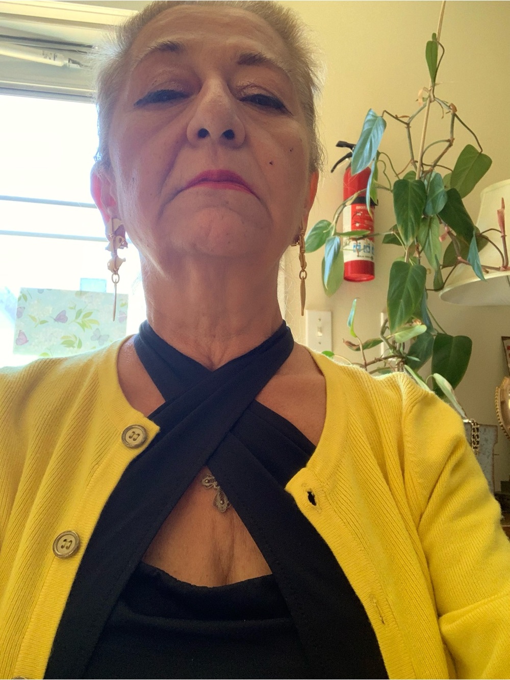 Yellow Cardigan with Black Cross-Front Top